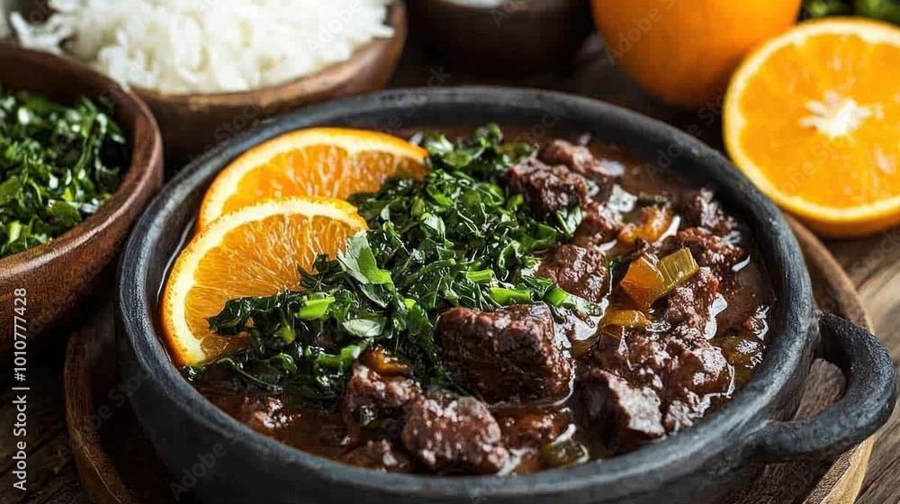 Feijoada served with rice, collard greens, and orange slices. Feijoada served with rice, collard greens, and orange slices.