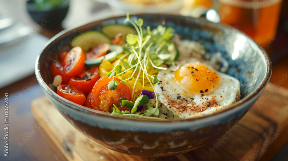 Healthy vegan breakfast or lunch bowl with quinoa, eggs, tomatoes, sprouts and vegetables in a bowl Healthy vegan breakfast or lunch bowl with quinoa, eggs, tomatoes, sprouts and vegetables in a bowl