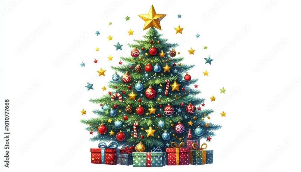 Stars decorated Christmas tree and gifts illustration Stars decorated Christmas tree and gifts illustration