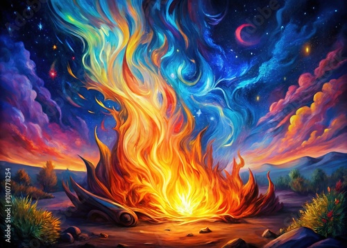 This colorful abstract oil painting features vivid flames set against a captivating starry night sky, harmonizing radiant colors to evoke passion and wonder. photo