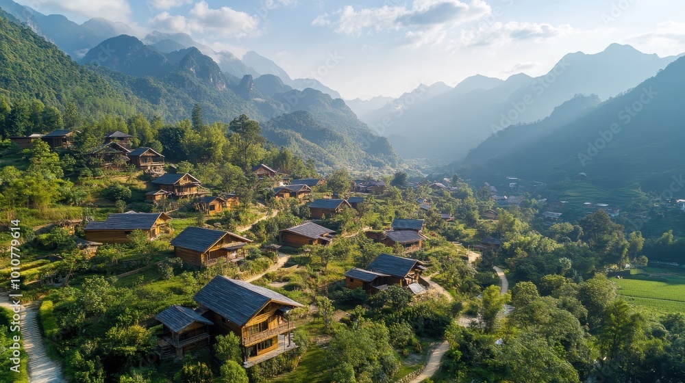 Serene aerial view of a mountainous village with wooden houses surrounded by lush greenery. Serene aerial view of a mountainous village with wooden houses surrounded by lush greenery.
