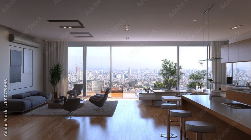 Open-concept living room with a city skyline view, minimalist furniture, and large plants for a refreshing space. 3D Rendering. Open-concept living room with a city skyline view, minimalist furniture, and large plants for a refreshing space. 3D Rendering.