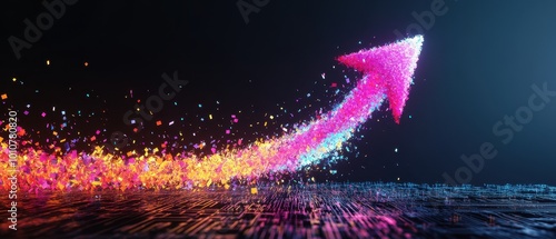 A vibrant, upward arrow is created from colorful particles against a dark background, symbolizing growth and progress.