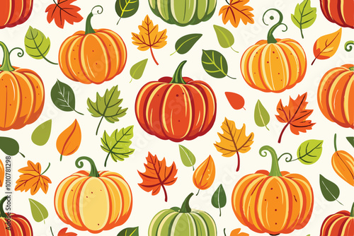 Charming Seamless Vector Pattern of Hand-Drawn Gouache Pumpkins, illustration on white background. 