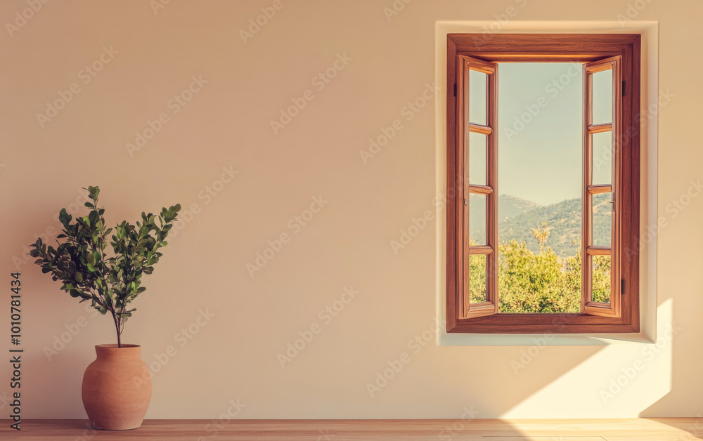 A serene view of a wooden window opening to a lush landscape with a plant in a pot A serene view of a wooden window opening to a lush landscape with a plant in a pot