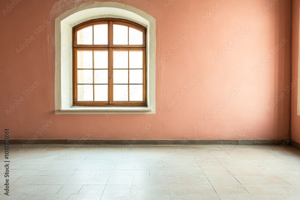 Bright and airy room with a wooden window and pastel pink walls in a peaceful indoor setting Bright and airy room with a wooden window and pastel pink walls in a peaceful indoor setting