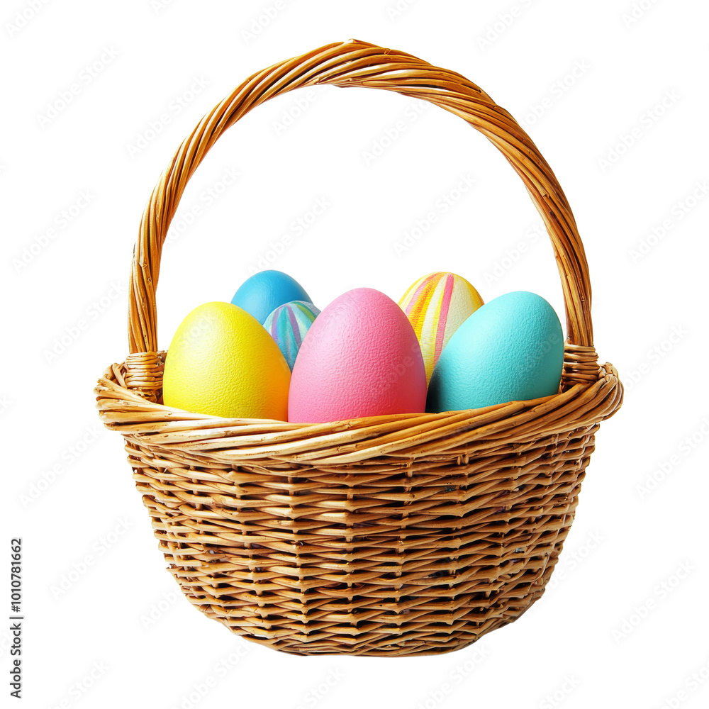 Wicker Basket Filled with Colorful Easter Eggs in Various Designs Wicker Basket Filled with Colorful Easter Eggs in Various Designs