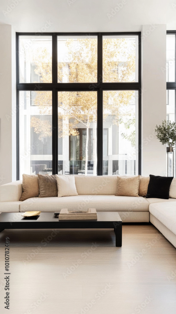 Fototapeta premium Modern living room with large windows showcasing autumn foliage during the day