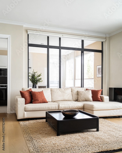 Modern living room with a cream sofa and a large coffee table in a bright  airy space