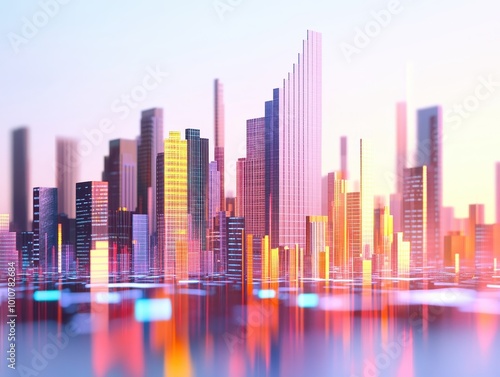 A vibrant city skyline shimmering with modern skyscrapers under a colorful sky, reflecting innovation and urban life.