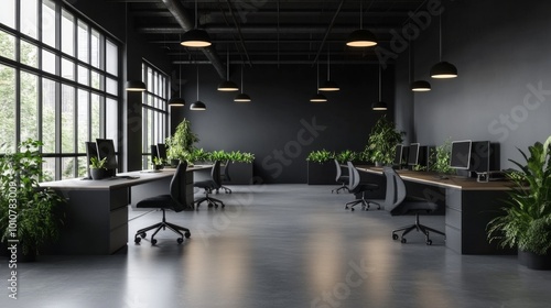 Sleek office environment with minimalist furniture, bright lighting, and a large plant for a refreshing atmosphere. 3D Rendering. 