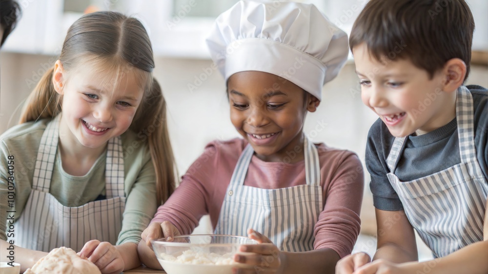 Diverse Group of Kids Baking in Kitchen for Fun Cooking Education
Diverse Group of Kids Baking in Kitchen for Fun Cooking Education