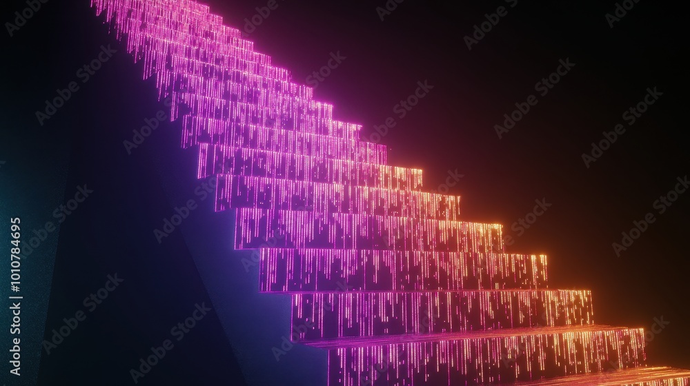 Fototapeta premium A glowing staircase illuminated in vibrant pink and orange hues against a dark background, creating an ethereal and modern atmosphere.