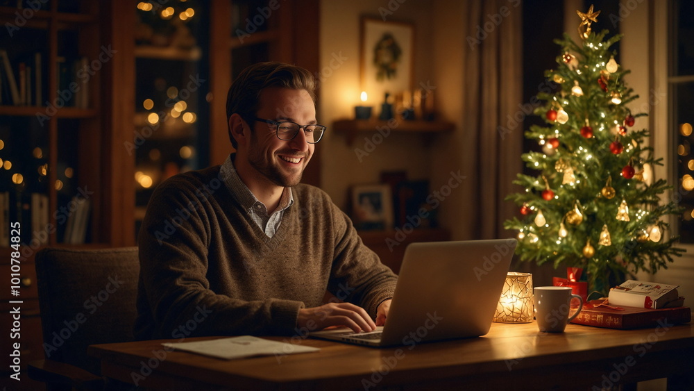 a man is writing on a laptop with a Christmas tree in the background. a man is writing on a laptop with a Christmas tree in the background.