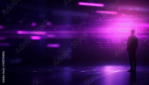 Silhouette of a person in a digital environment, purple background.