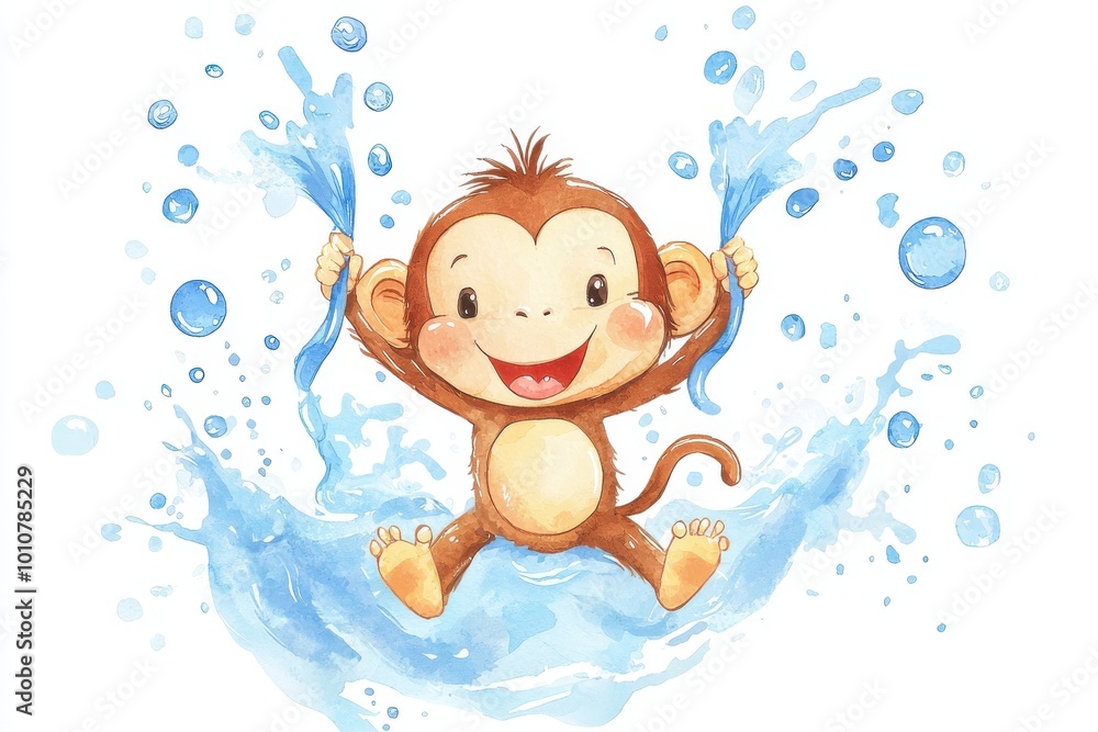 A cheerful monkey splashes happily in water, embracing joy and playfulness. Perfect for children's themes and playful designs. A cheerful monkey splashes happily in water, embracing joy and playfulness. Perfect for children's themes and playful designs.