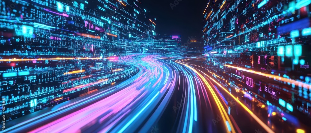 A vibrant, dynamic scene of illuminated lines and patterns, representing speed and technology in a futuristic cityscape. A vibrant, dynamic scene of illuminated lines and patterns, representing speed and technology in a futuristic cityscape.