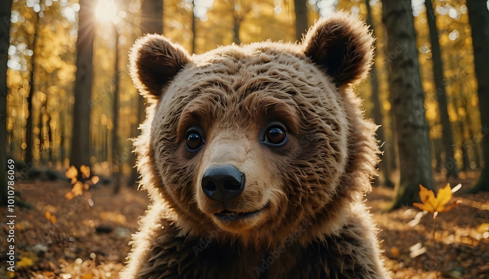 Fototapeta premium Cute Smiling Bear in Autumn Forest Close Up