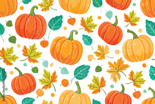 Charming Seamless Vector Pattern of Hand-Drawn Gouache Pumpkins, illustration on white background. 