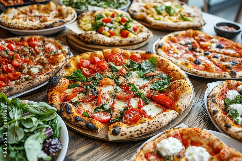 Cozy Pizzeria Corner with Rustic Table and Gourmet Pizzas and Salads Cozy Pizzeria Corner with Rustic Table and Gourmet Pizzas and Salads