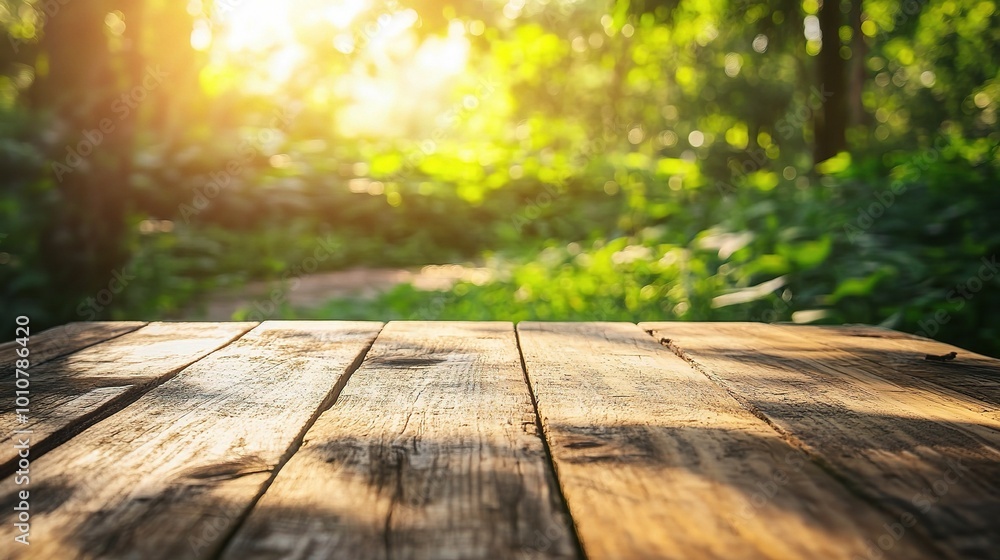 Serene Nature Scene with Sunlit Wooden Table Serene Nature Scene with Sunlit Wooden Table