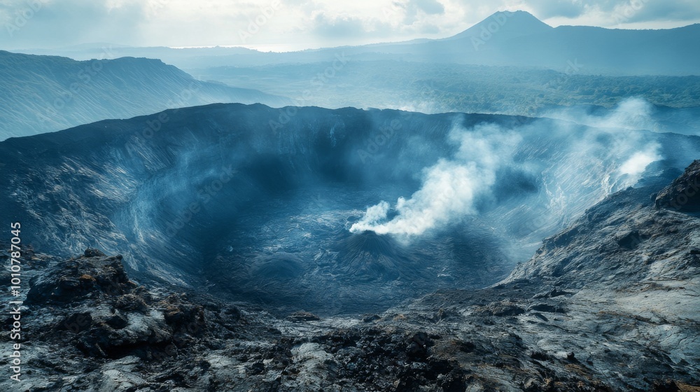 Majestic Volcano Crater with Smoke and Distant Mountains Majestic Volcano Crater with Smoke and Distant Mountains