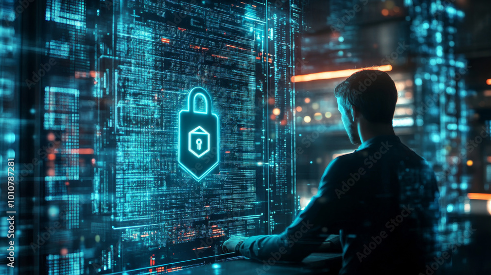 Engineer Developing Quantum Computing Encryption with Security Lock Icon on Screen Engineer Developing Quantum Computing Encryption with Security Lock Icon on Screen