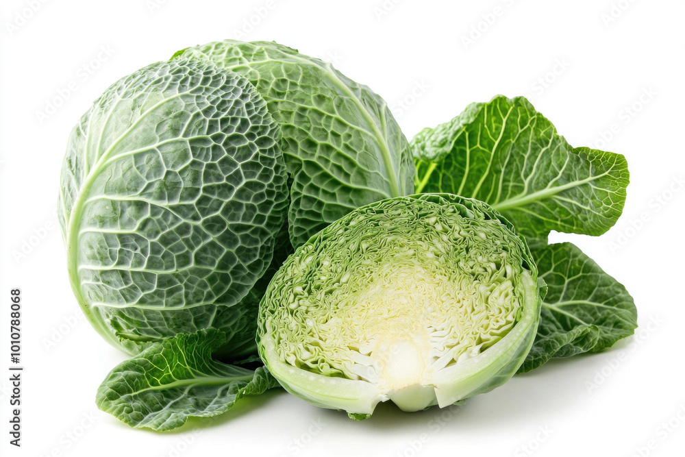 Fototapeta premium A fresh cabbage head and one cut in half, isolated on a white background.