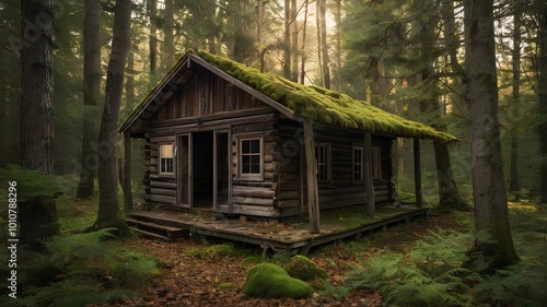 Nestled in nature, this abandoned cabin holds the quiet mystery of time forgotten in the forest. photo