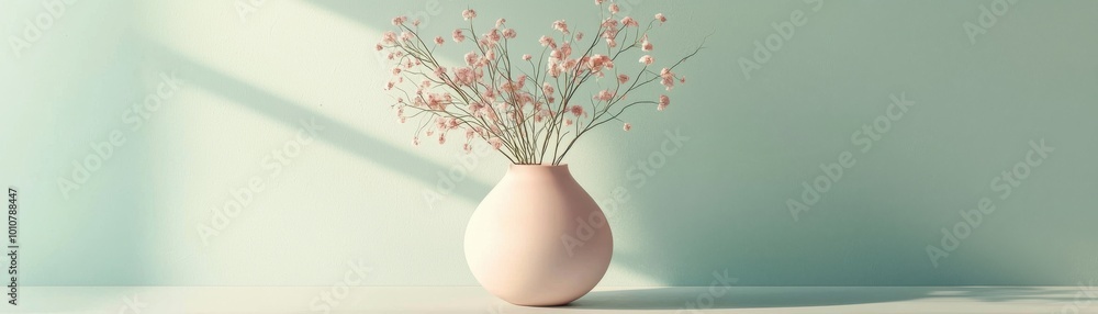 A serene minimalist vase holding delicate flowers, creating a calming atmosphere in a softly lit room. A serene minimalist vase holding delicate flowers, creating a calming atmosphere in a softly lit room.