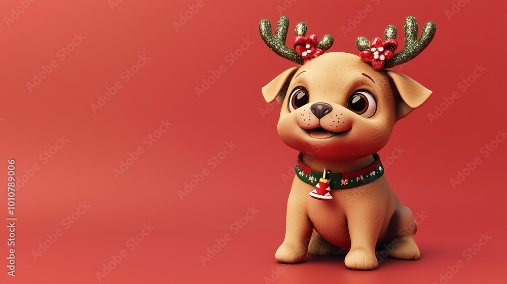 Naklejka premium Cute Cartoon Dog Reindeer Christmas Festive Holiday