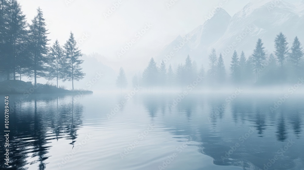 Serene misty landscape with mountains and calm water reflecting trees. Serene misty landscape with mountains and calm water reflecting trees.