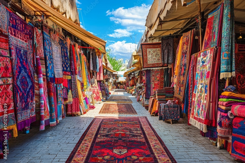 Fototapeta premium Lively Cloth Market Showcasing Handmade Textiles and Artisan Creativity