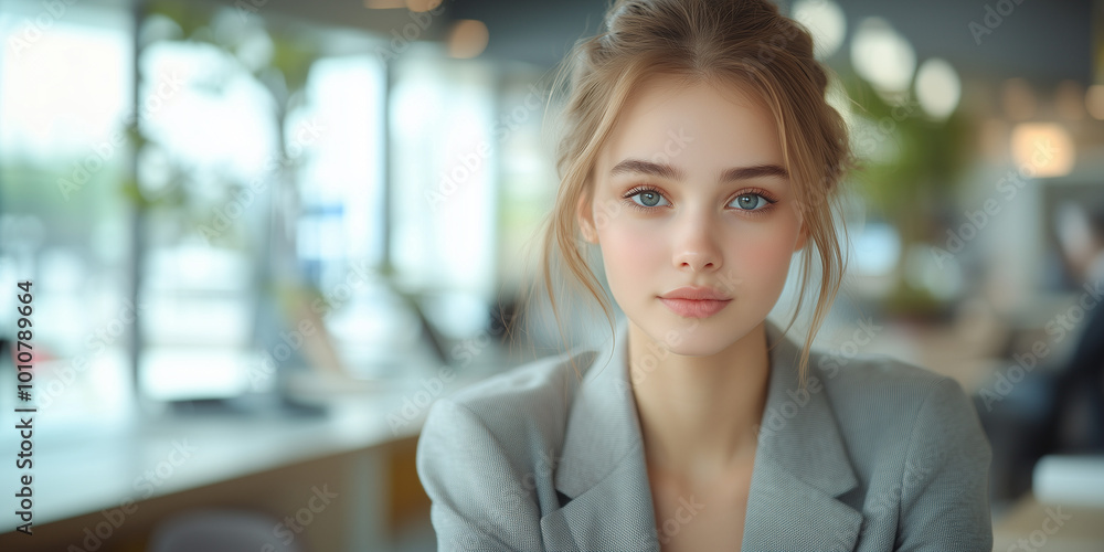 Beautiful young woman in a gray suit working on a laptop in the office, professional business portrait. Beautiful young woman in a gray suit working on a laptop in the office, professional business portrait.