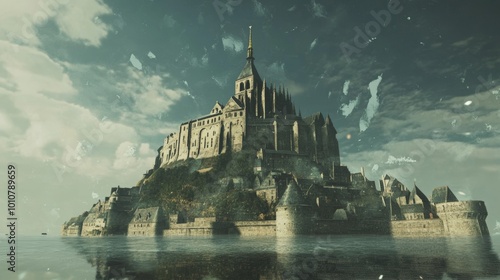 A vertical image of Mont-Saint-Michel with a reflection. photo