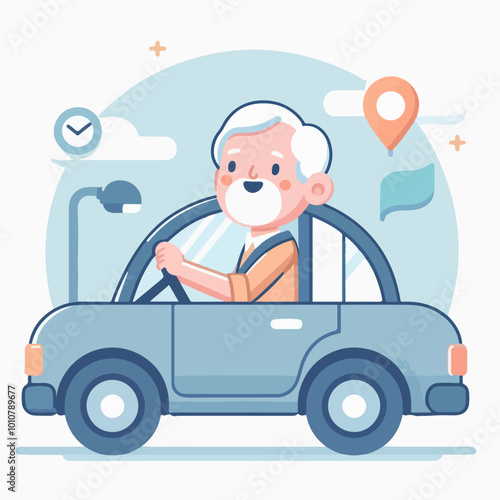 Grandpa driving a car happily
