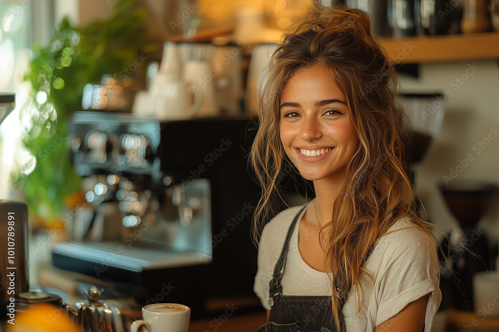 A woman with long hair is smiling and holding a cup of coffee. She is standing in front of a coffee shop counter A woman with long hair is smiling and holding a cup of coffee. She is standing in front of a coffee shop counter