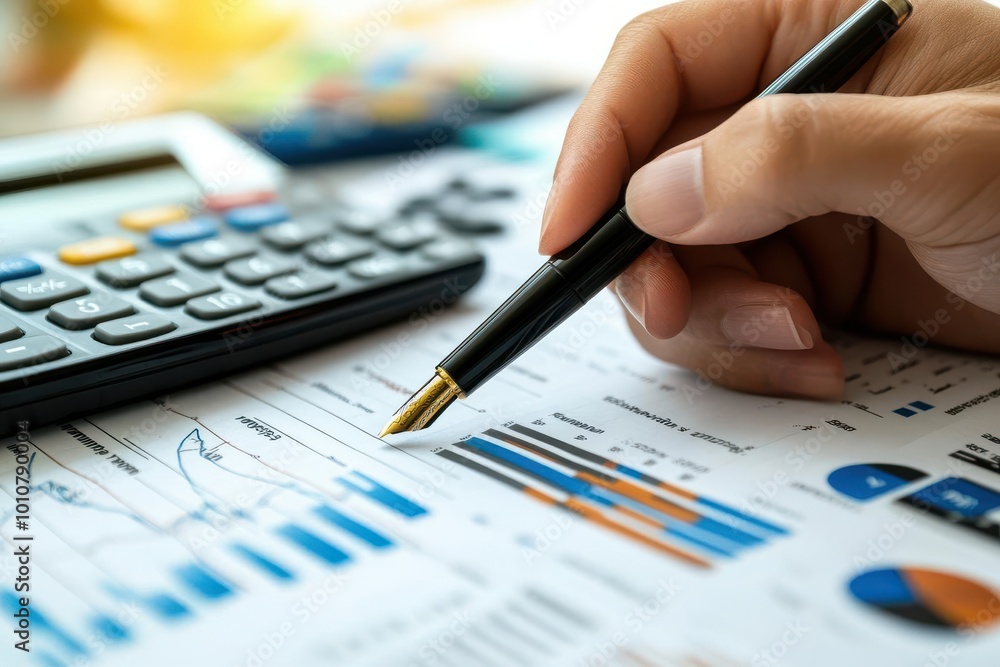 A hand holding a pen above financial data, charts, and a calculator represents effective analysis and business strategy. A hand holding a pen above financial data, charts, and a calculator represents effective analysis and business strategy.