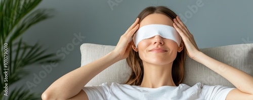 Young woman applying warm compress to her eyes in a serene environment, representing rest for strained vision Eye strain relief, vision care, resting photo