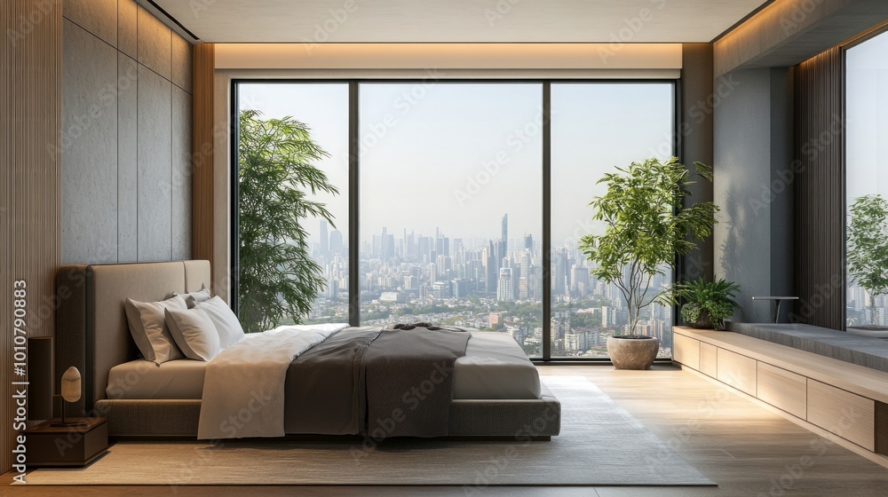 Stylish modern bedroom with minimalist design, featuring a large window with a city view and neutral tones. 3D Rendering. Stylish modern bedroom with minimalist design, featuring a large window with a city view and neutral tones. 3D Rendering.