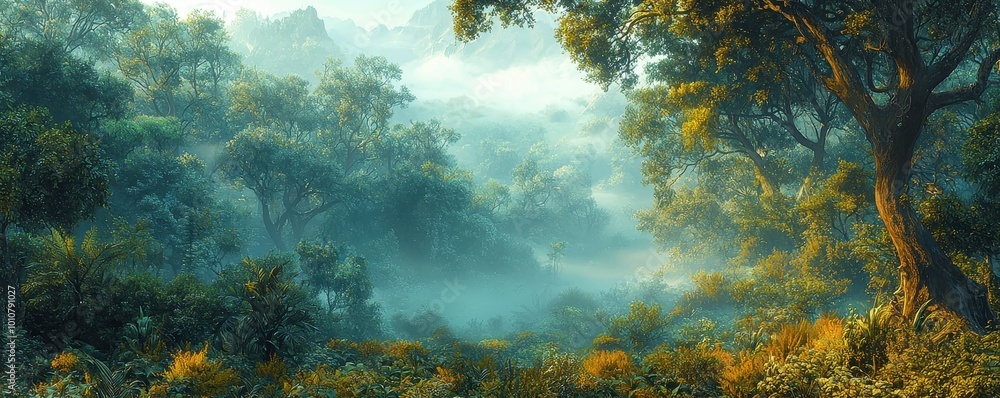 A serene landscape showcasing lush greenery and mist, inviting tranquility and connection with nature's beauty A serene landscape showcasing lush greenery and mist, inviting tranquility and connection with nature's beauty