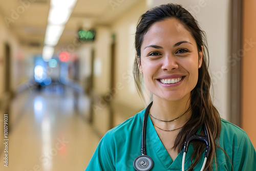 smiling female doctor in green scrubs stands confidently in hospital corridor, radiating warmth and professionalism. Her stethoscope adds to her medical attire, creating welcoming atmosphere