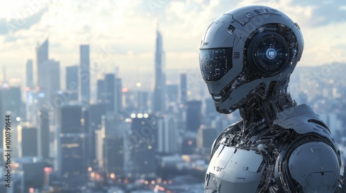 Futuristic Robot Over City Skyline