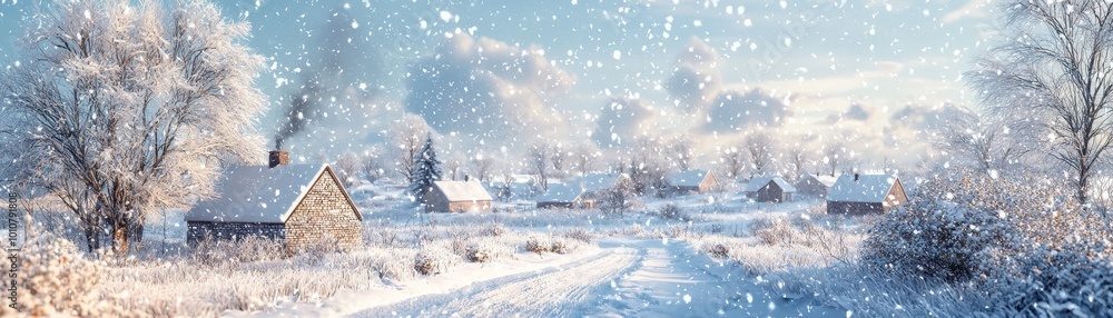 A serene winter landscape with falling snow, cozy cottages, and a quiet pathway inviting tranquility and peace A serene winter landscape with falling snow, cozy cottages, and a quiet pathway inviting tranquility and peace