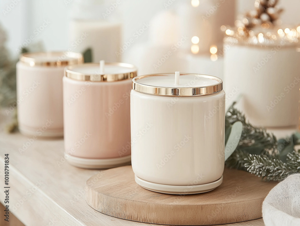 A collection of delicate, feminine candles in soft pinks, creams, and golds, surrounded by holiday greenery, placed on a wooden table or mantel with soft twinkling lights in the background. A collection of delicate, feminine candles in soft pinks, creams, and golds, surrounded by holiday greenery, placed on a wooden table or mantel with soft twinkling lights in the background.