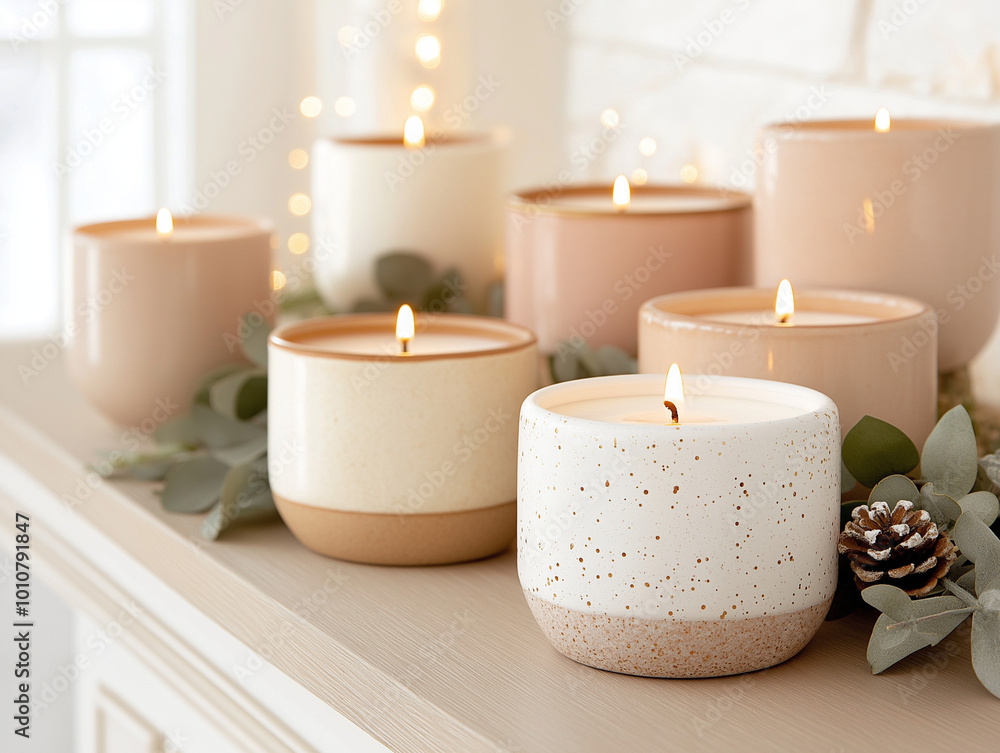 A collection of delicate, feminine candles in soft pinks, creams, and golds, surrounded by holiday greenery, placed on a wooden table or mantel with soft twinkling lights in the background. A collection of delicate, feminine candles in soft pinks, creams, and golds, surrounded by holiday greenery, placed on a wooden table or mantel with soft twinkling lights in the background.