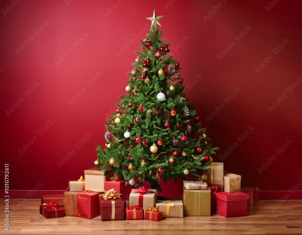 A beautifully decorated Christmas tree stands against a rich red wall, surrounded by an array of colorful wrapped gifts, creating a warm and festive holiday atmosphere. A beautifully decorated Christmas tree stands against a rich red wall, surrounded by an array of colorful wrapped gifts, creating a warm and festive holiday atmosphere.