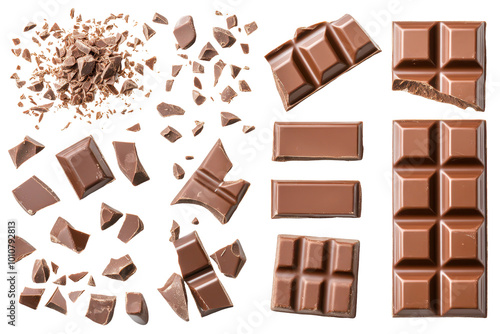 Milk chocolate bar breaking into pieces, isolated on white background. Sweet and indulgent concept for dessert, snacks, and treats.
