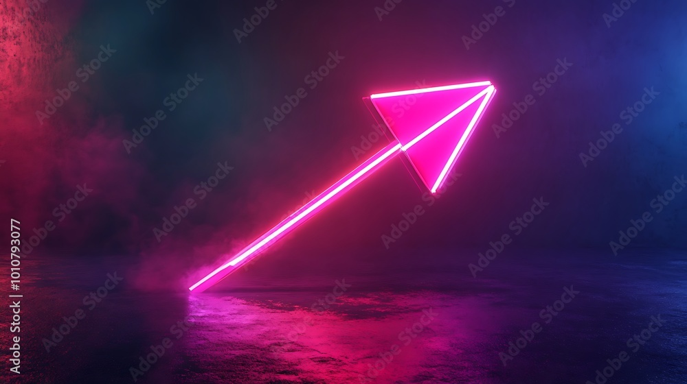 Neon arrow sign glowing in intense vibrant pink and blue lighting Neon arrow sign glowing in intense vibrant pink and blue lighting
