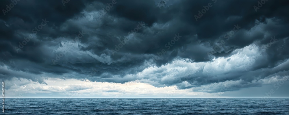 Dramatic ocean view with dark clouds and stormy sky, perfect for conveying mood and natural beauty in photography Dramatic ocean view with dark clouds and stormy sky, perfect for conveying mood and natural beauty in photography
